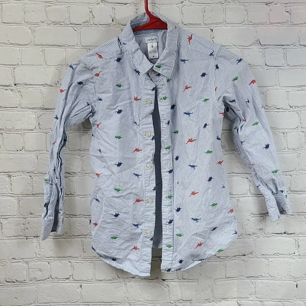 Carter's Boy 8 Blue Striped Dinosaur Button-Front Dress Shirt Long Sleeve Preppy